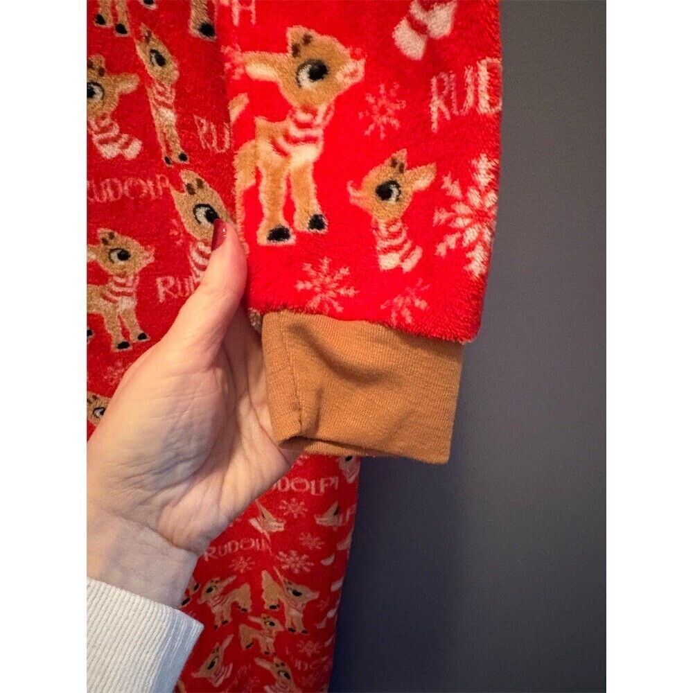 Rudolph Womens Hooded Zip One Piece Pajama Onesie Red Print Size 12-14 - Picture 3 of 11